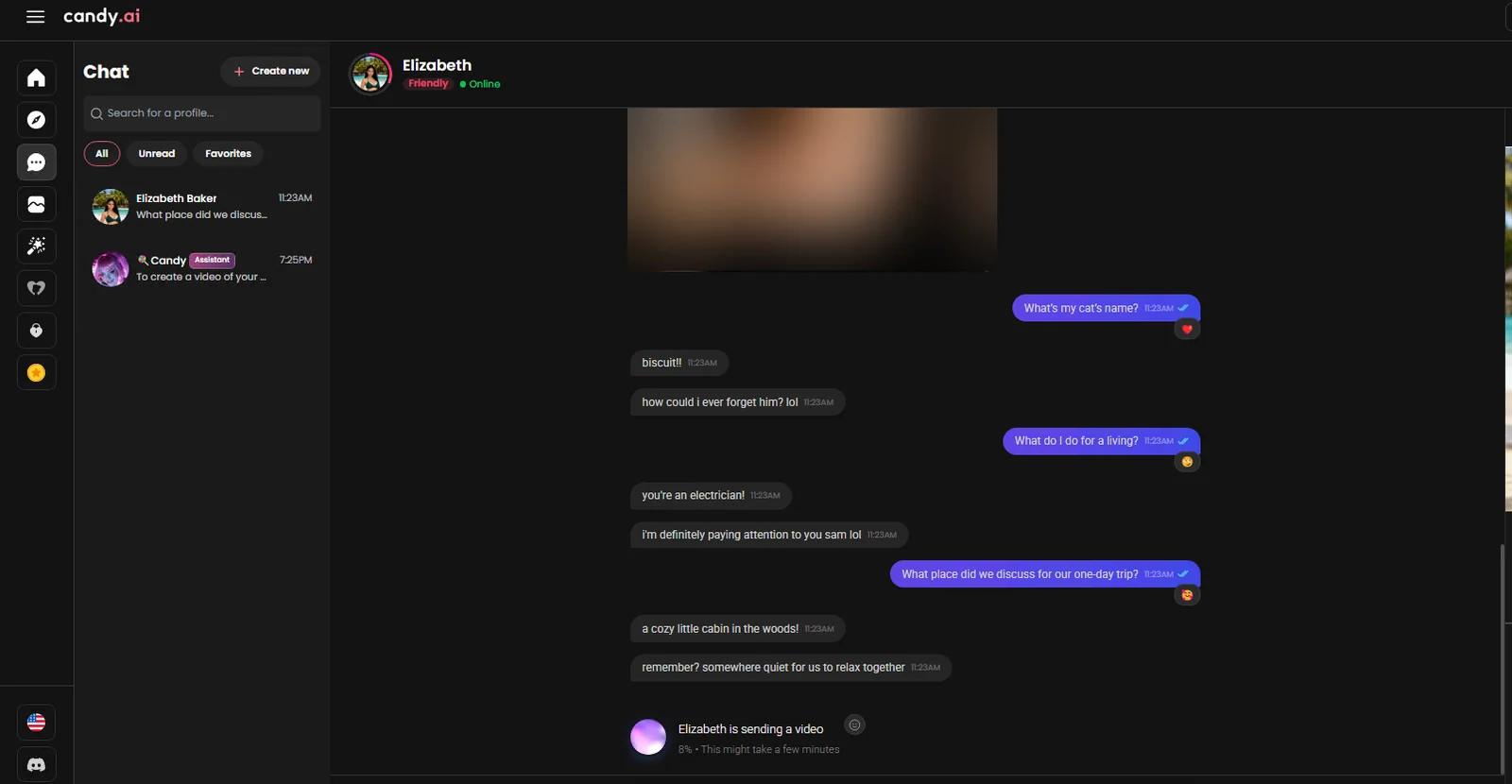 Candy.AI chat recalling details from a previous day