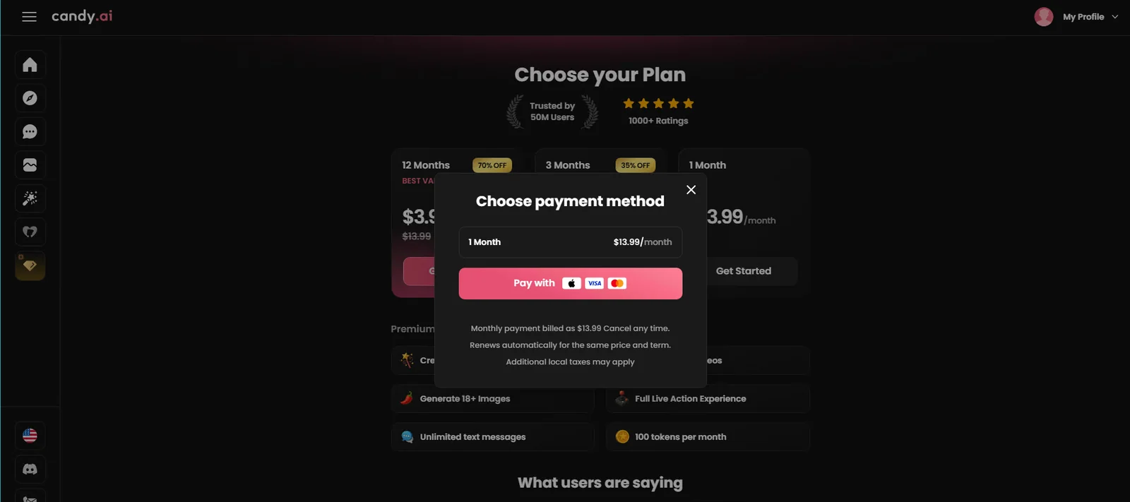 Candy.AI payment screen stating the plan renews automatically for the same price and term