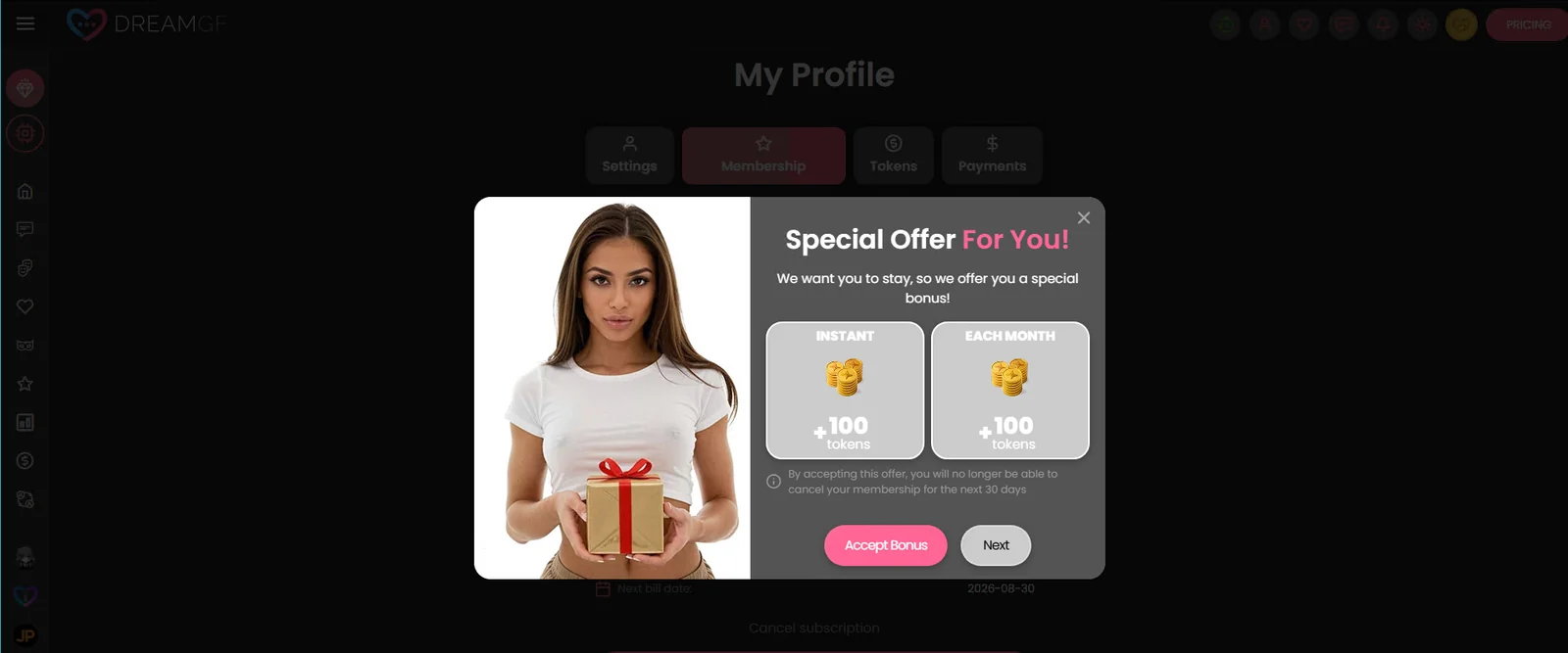 DreamGF cancellation screen showing a retention offer