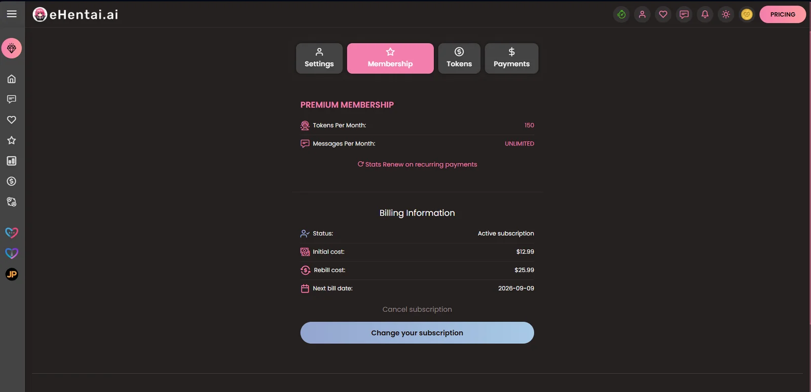 eHentai AI membership screen showing initial cost and rebill cost
