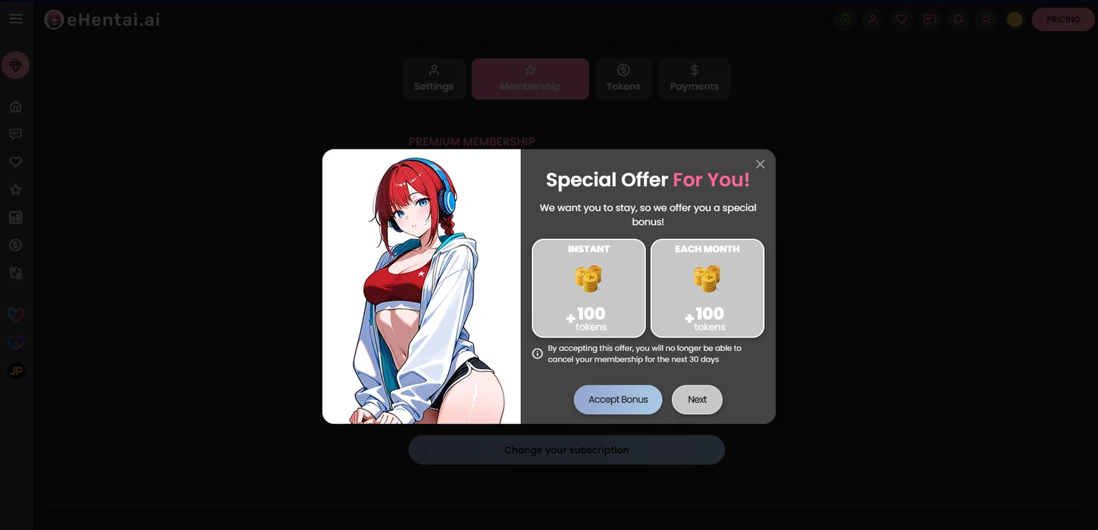 eHentai AI cancellation screen offering bonus tokens that block cancellation for 30 days