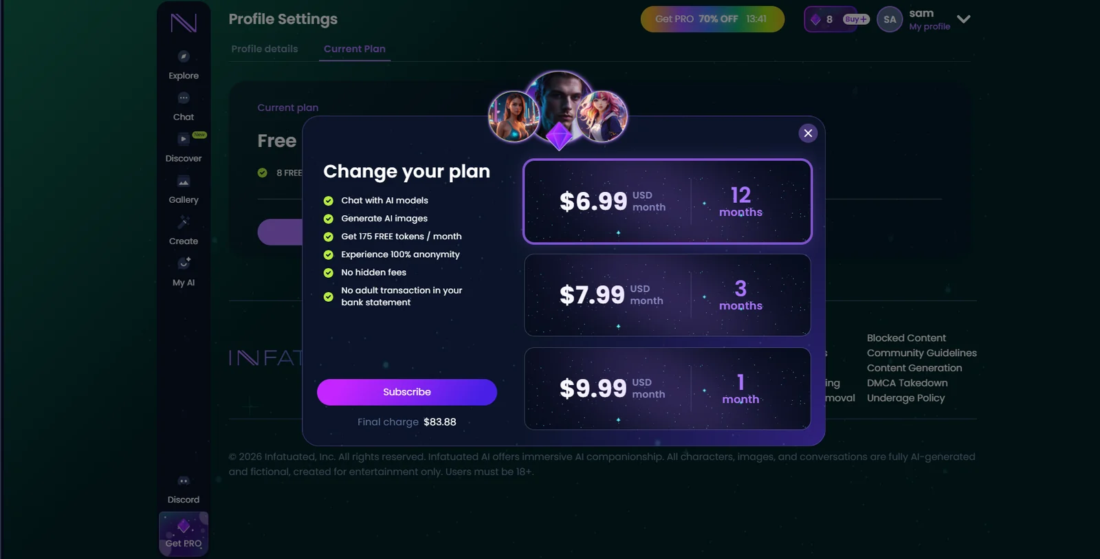 Infatuated.AI checkout showing monthly at $9.99 with 100 tokens
