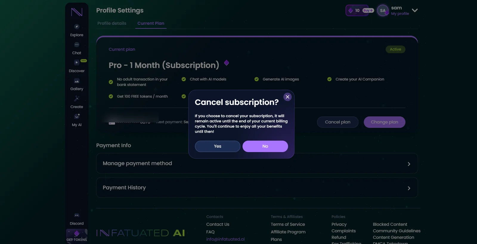 Infatuated.AI cancellation confirmation with no retention offer