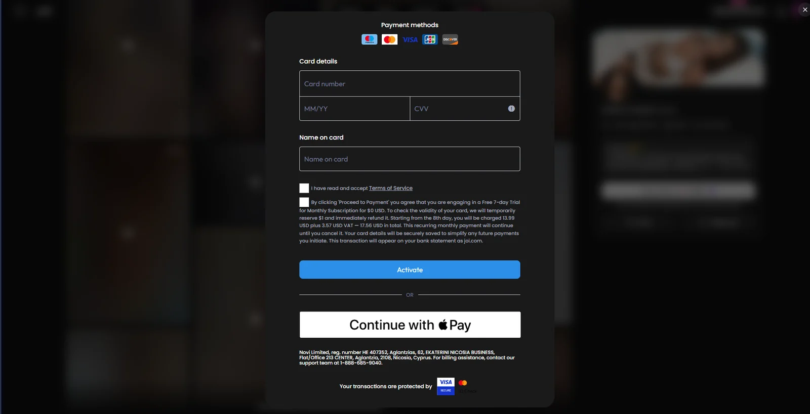 Joi trial terms showing seven-day trial and renewal price with VAT