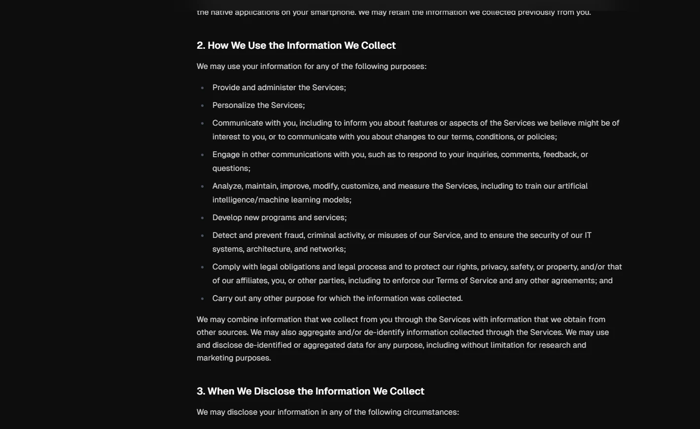 OurDream privacy policy permitting AI model training on collected information