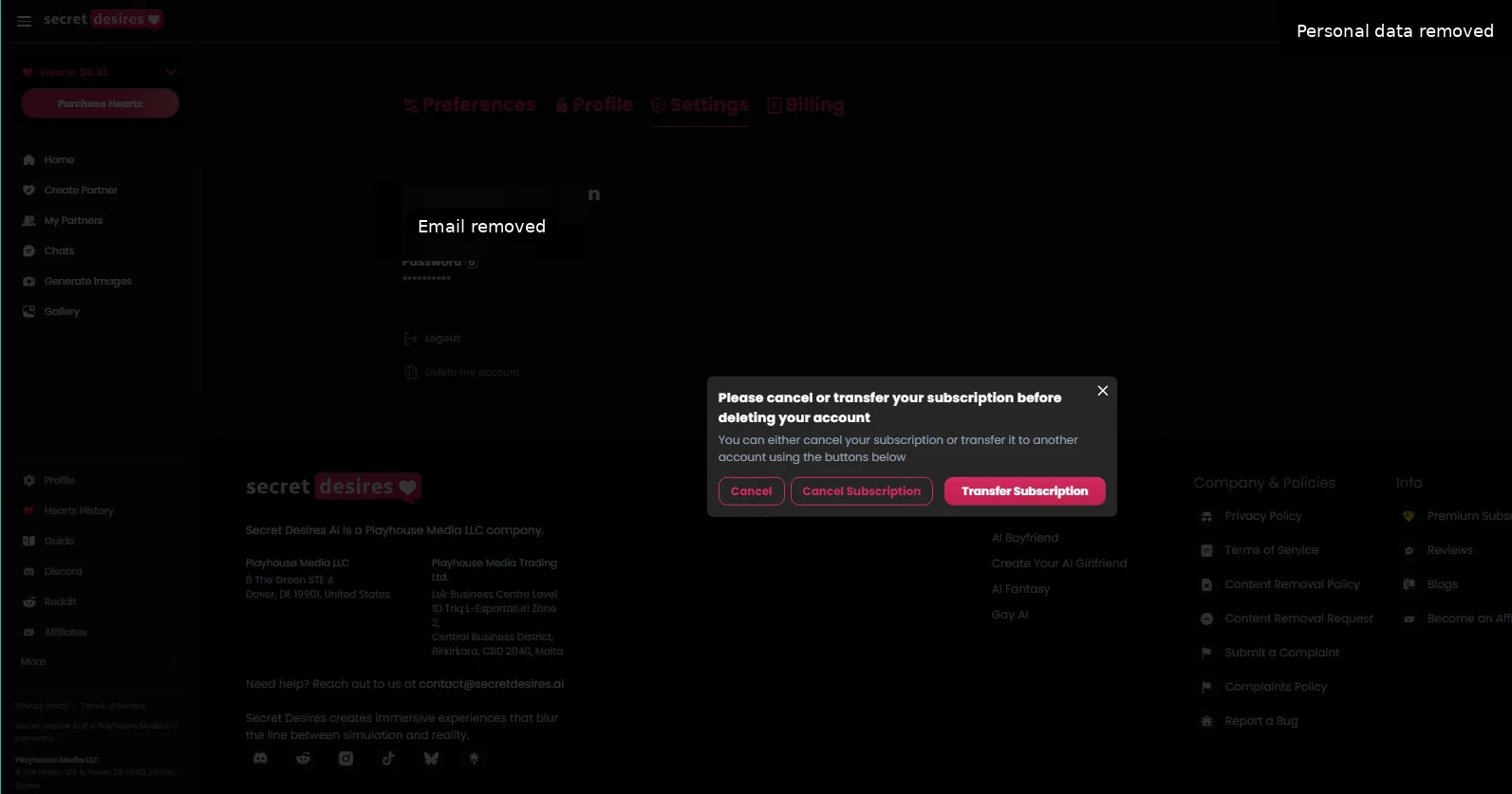 SecretDesires account deletion blocked while a subscription is active