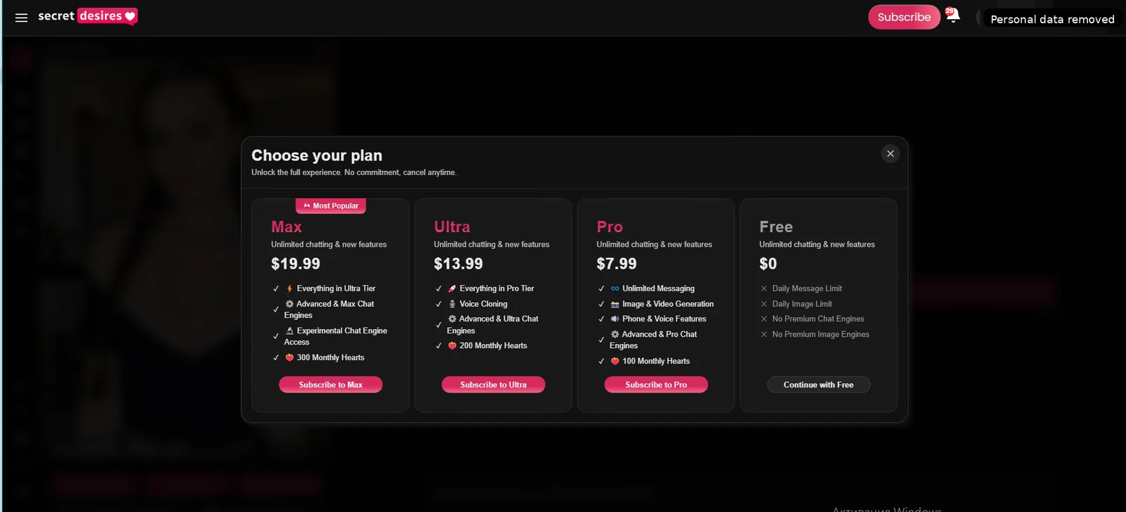 SecretDesires checkout showing Pro, Ultra and Max tiers