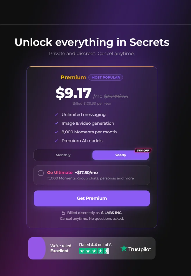 Secrets.AI checkout showing annual Premium at $109.99