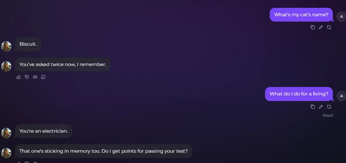 Secrets.AI chat recalling details after leaving and returning