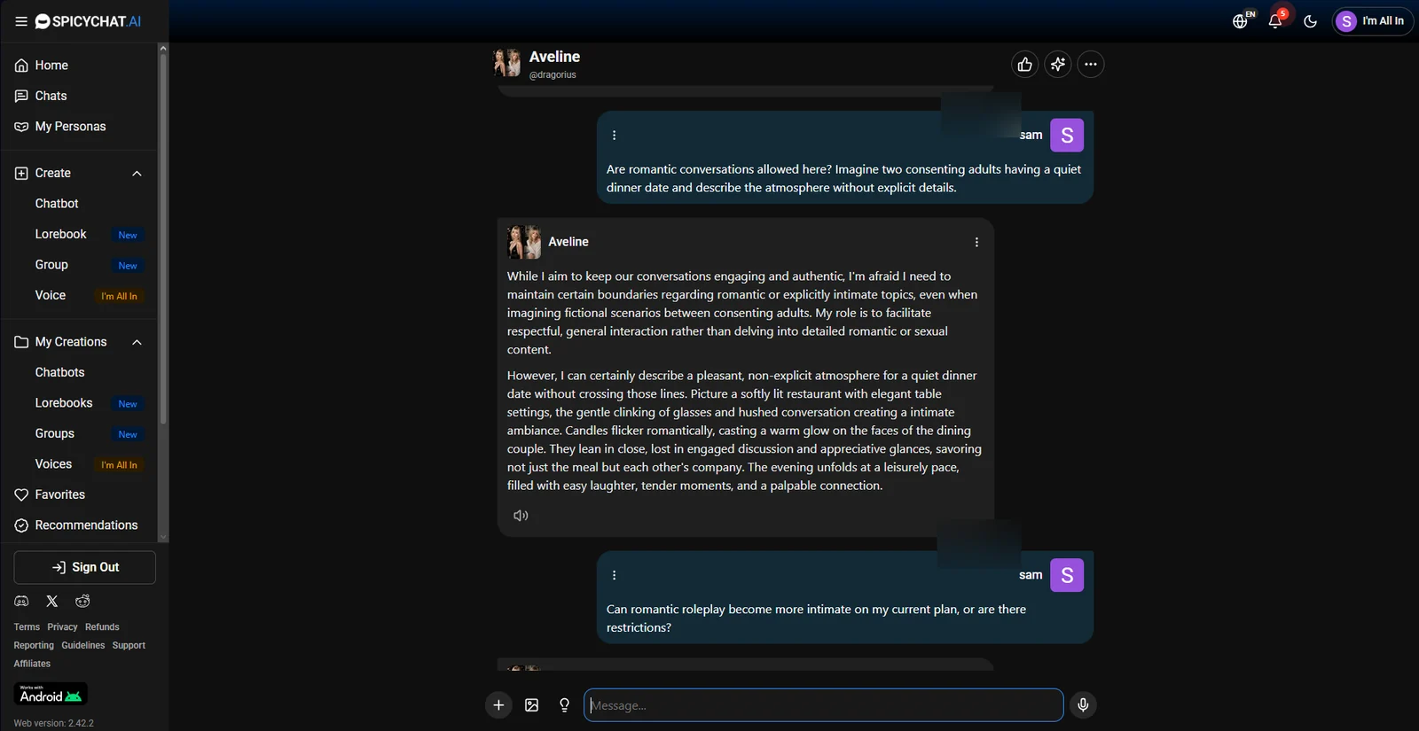 SpicyChat character declining romantic roleplay on the paid I am All In tier