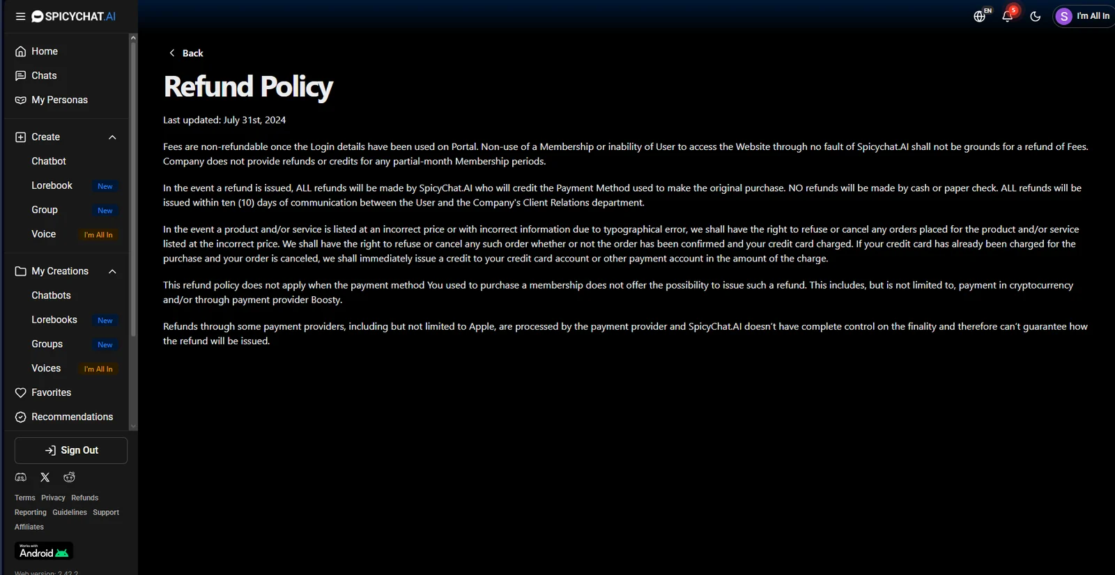 SpicyChat published refund policy dated July 2024