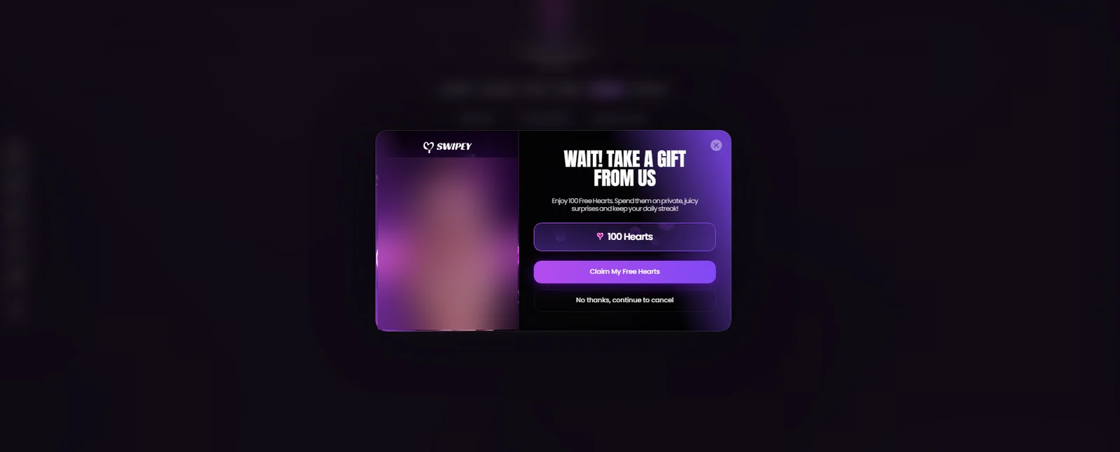 Swipey.AI cancellation screen offering 100 Hearts to stay